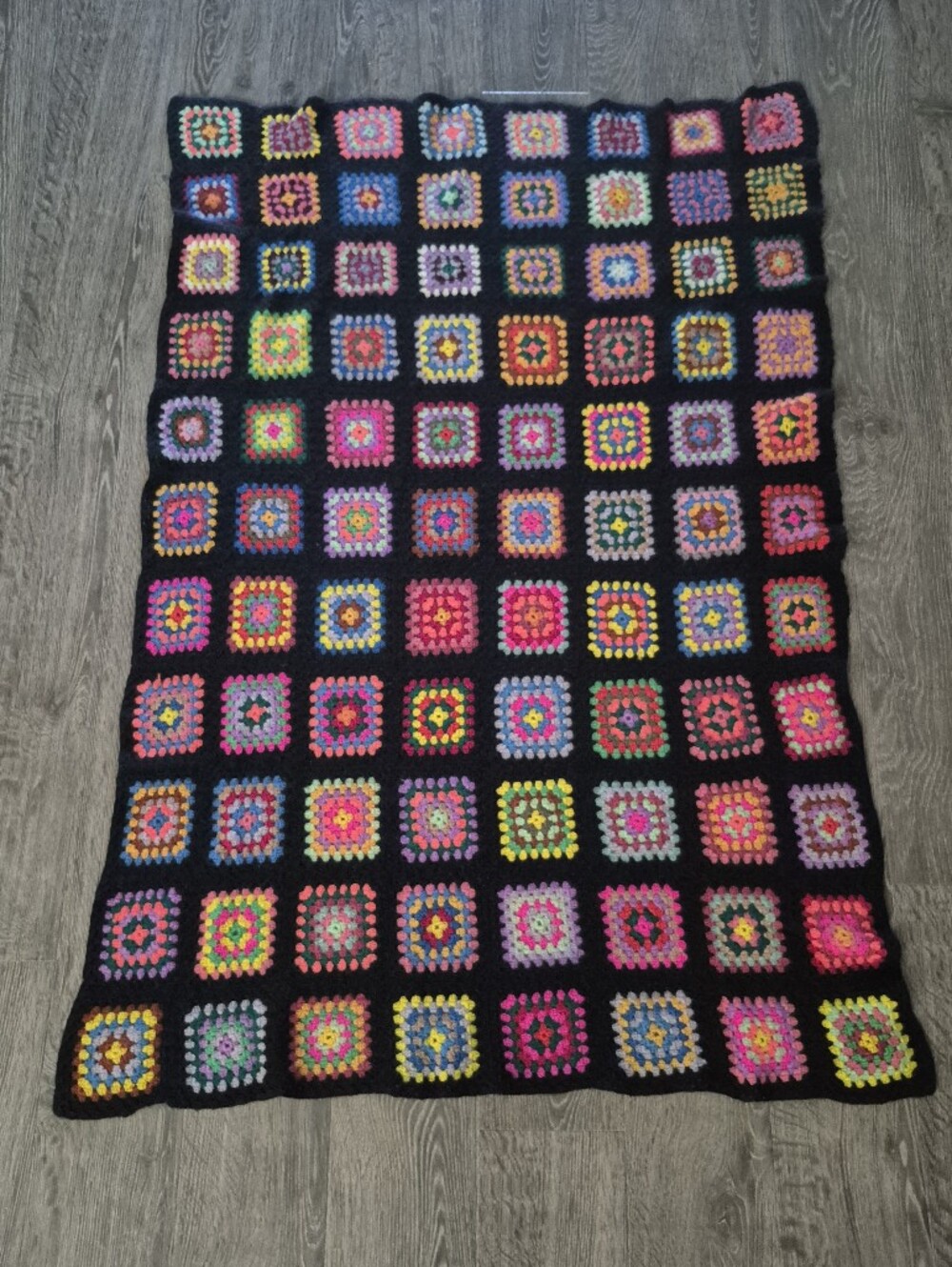 Handmade Hand Crafted Wool Granny Square Blanket Black + Multi Colour